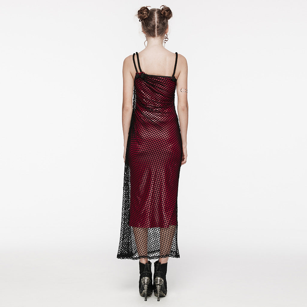 OQ-721LQF Gothic Dress Fishnet Overlay Asymmetric Shoulder Elegant Red Maxi