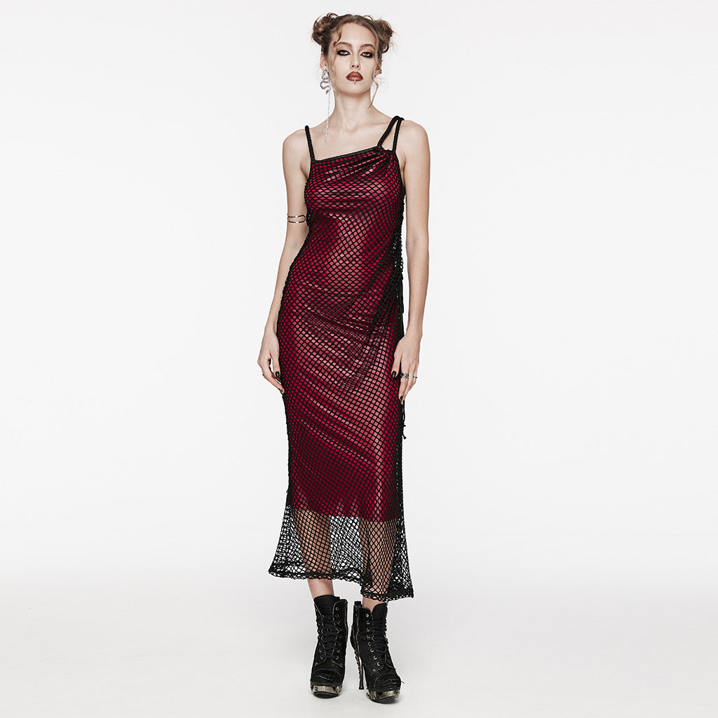 OQ-721LQF Gothic Dress Fishnet Overlay Asymmetric Shoulder Elegant Red Maxi