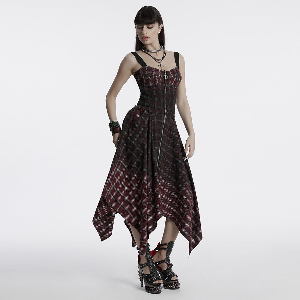 OQ-785BQF Gothic Plaid Asymmetrical Punk Skirt with Zipper Detail