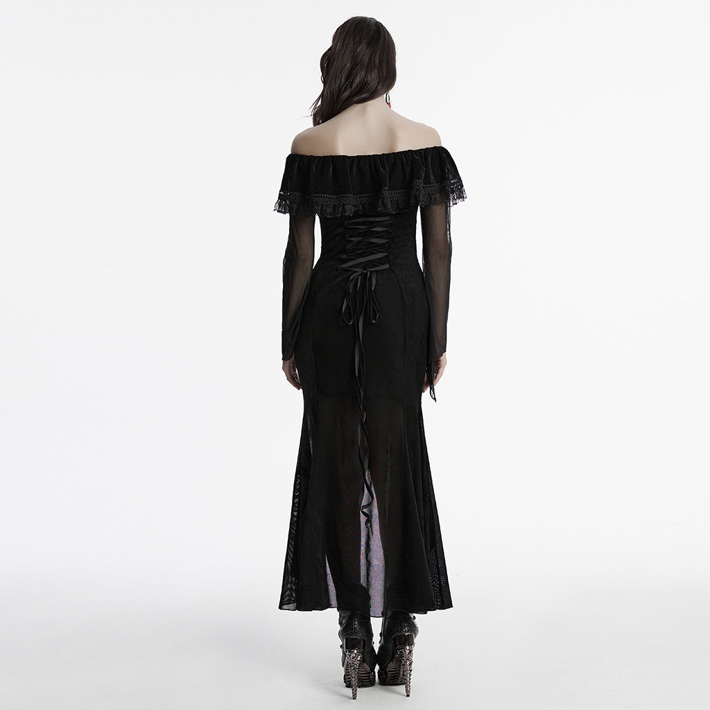OQ-786LQF Gothic Dress Off-Shoulder Black Lace Ruffle Mesh Sleeves Elegant
