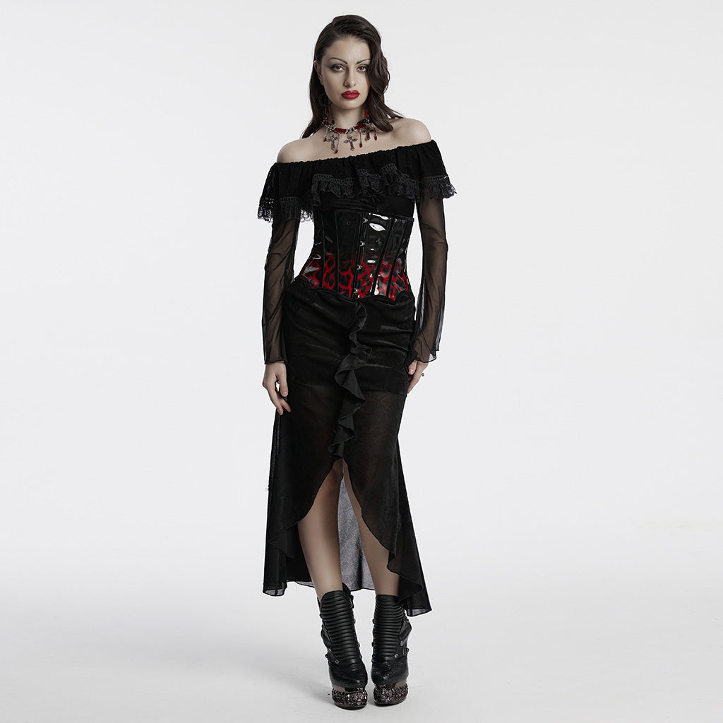 OQ-786LQF Gothic Dress Off-Shoulder Black Lace Ruffle Mesh Sleeves Elegant