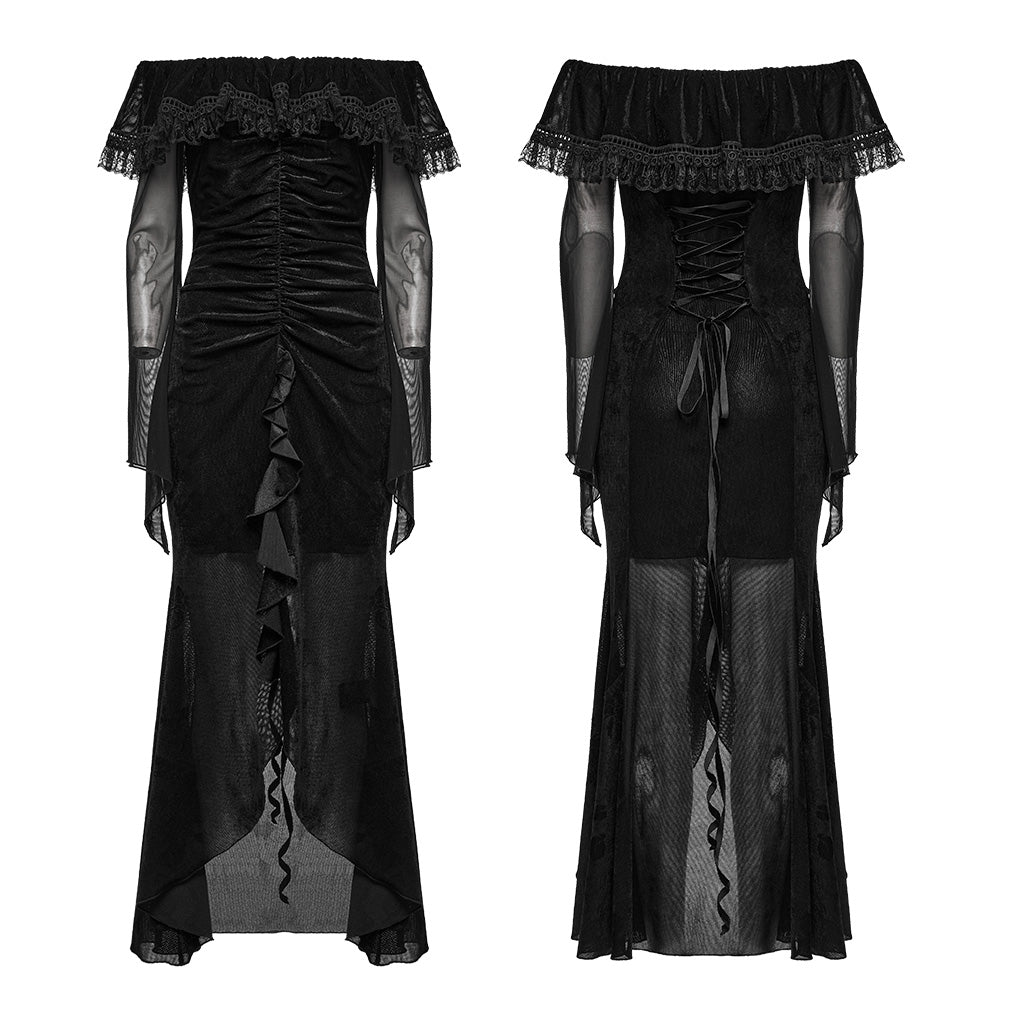 OQ-786LQF Gothic Dress Off-Shoulder Black Lace Ruffle Mesh Sleeves Elegant