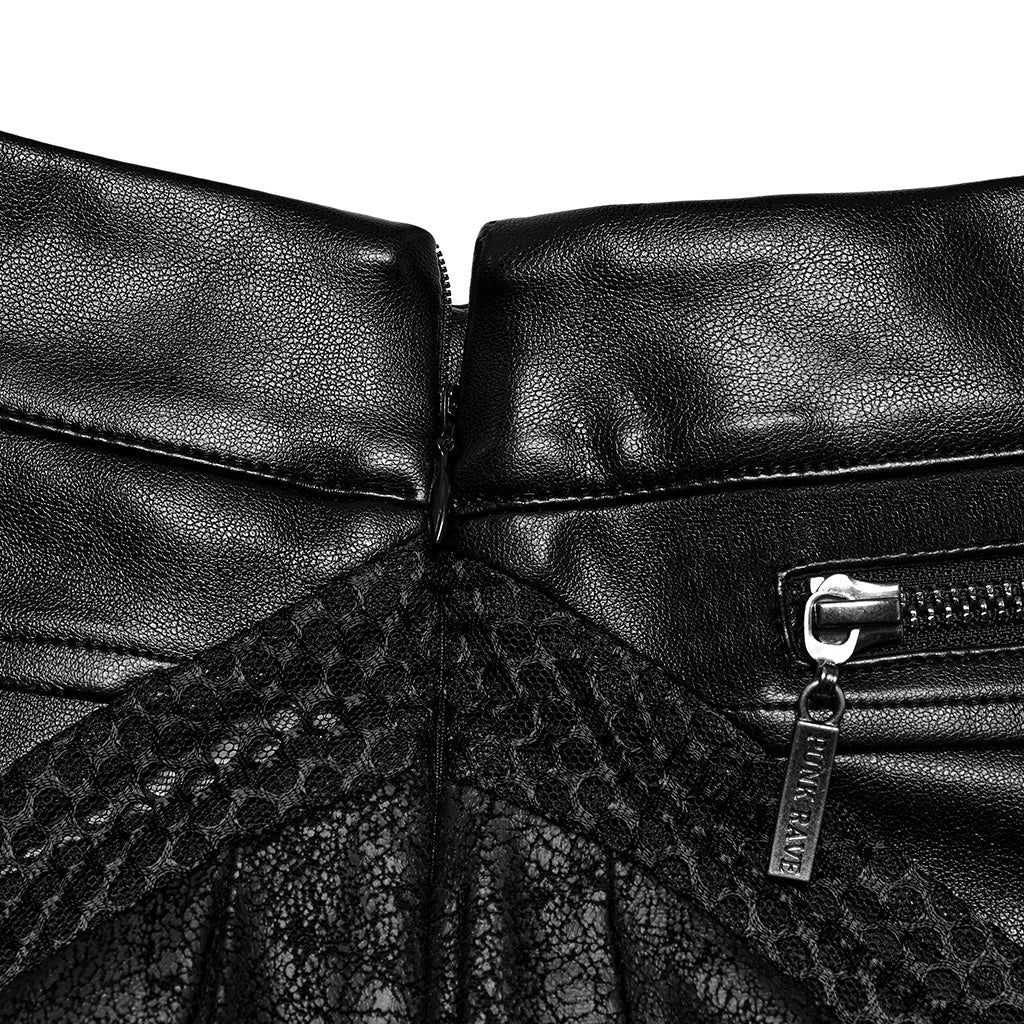 OQ-790BQF Edgy Leather Punk Skirt with Zipper and Pleated Panels
