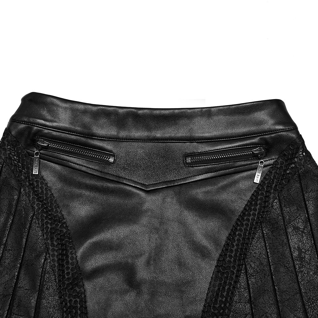 OQ-790BQF Edgy Leather Punk Skirt with Zipper and Pleated Panels