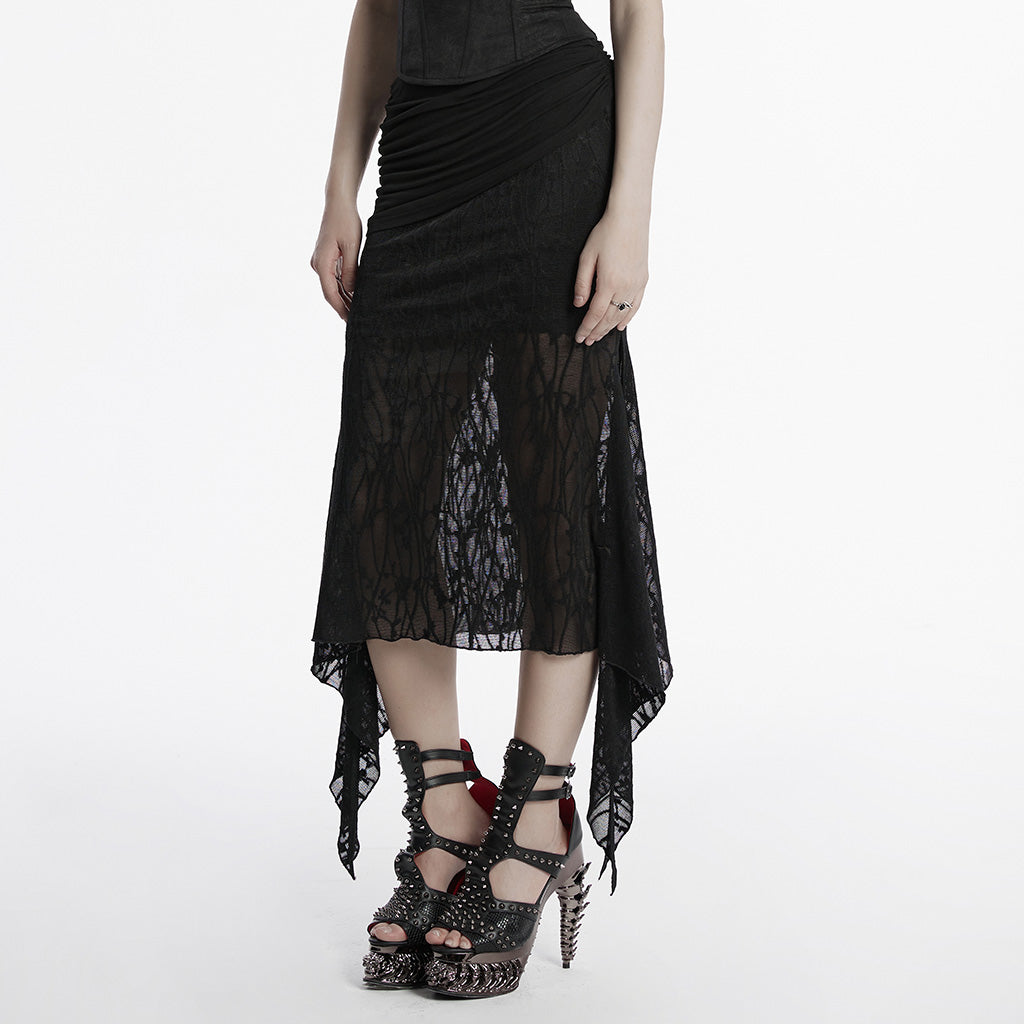 OQ-796BQF Gothic High-Low Asymmetrical Lace Punk Skirt with Ruched Detail