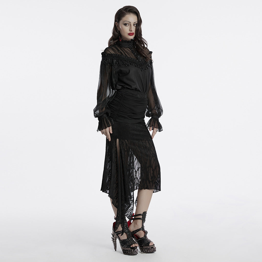 OQ-796BQF Gothic High-Low Asymmetrical Lace Punk Skirt with Ruched Detail