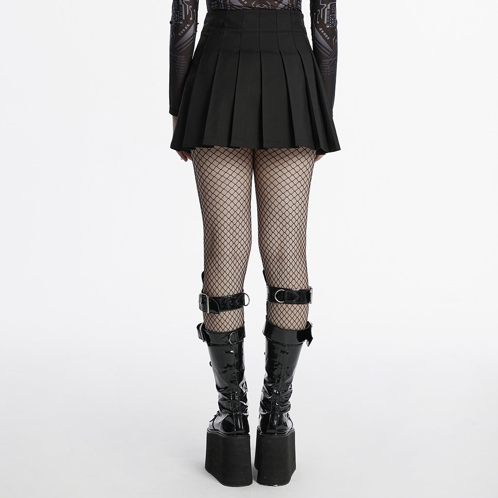 OQ-804BQF Edgy Pleated Punk Skirt with Skull Buckle Details