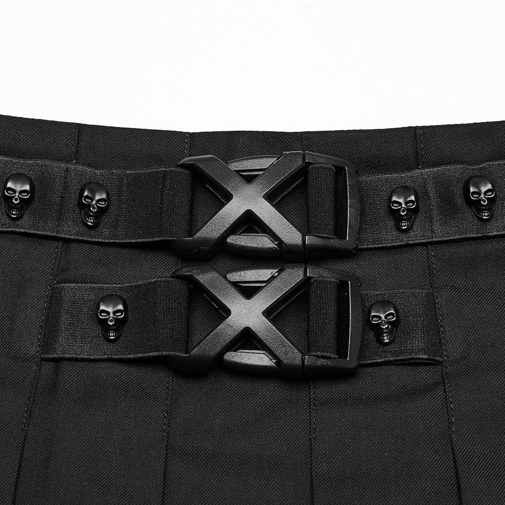 OQ-804BQF Edgy Pleated Punk Skirt with Skull Buckle Details