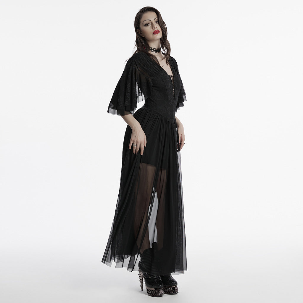 OQ-805LQF Elegant Gothic Dress Sheer Lace Layered Sleeves Corset Waist Long Gown