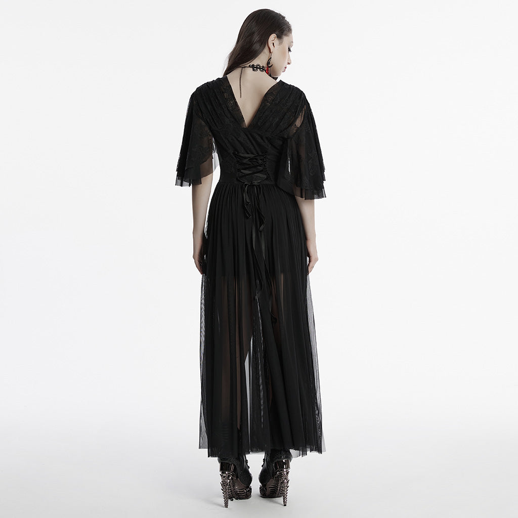 OQ-805LQF Elegant Gothic Dress Sheer Lace Layered Sleeves Corset Waist Long Gown