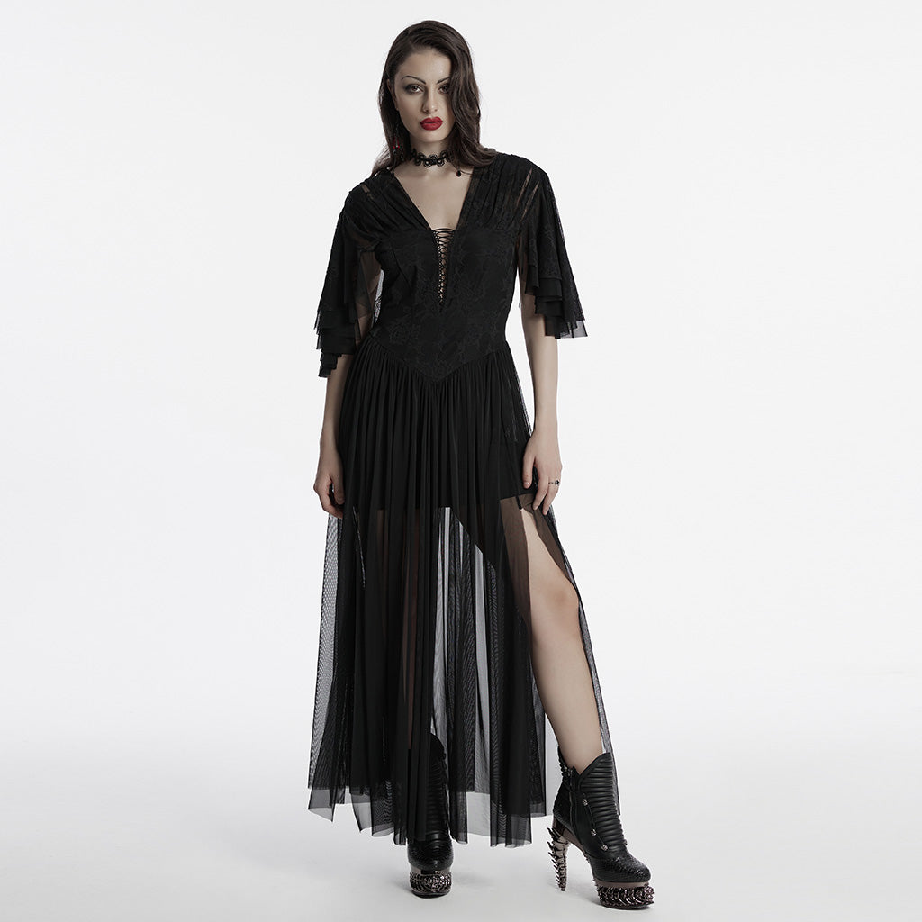 OQ-805LQF Elegant Gothic Dress Sheer Lace Layered Sleeves Corset Waist Long Gown