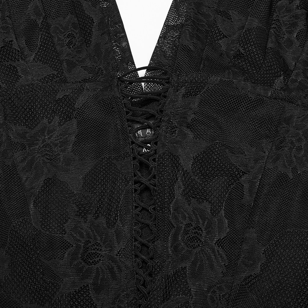 OQ-805LQF Elegant Gothic Dress Sheer Lace Layered Sleeves Corset Waist Long Gown