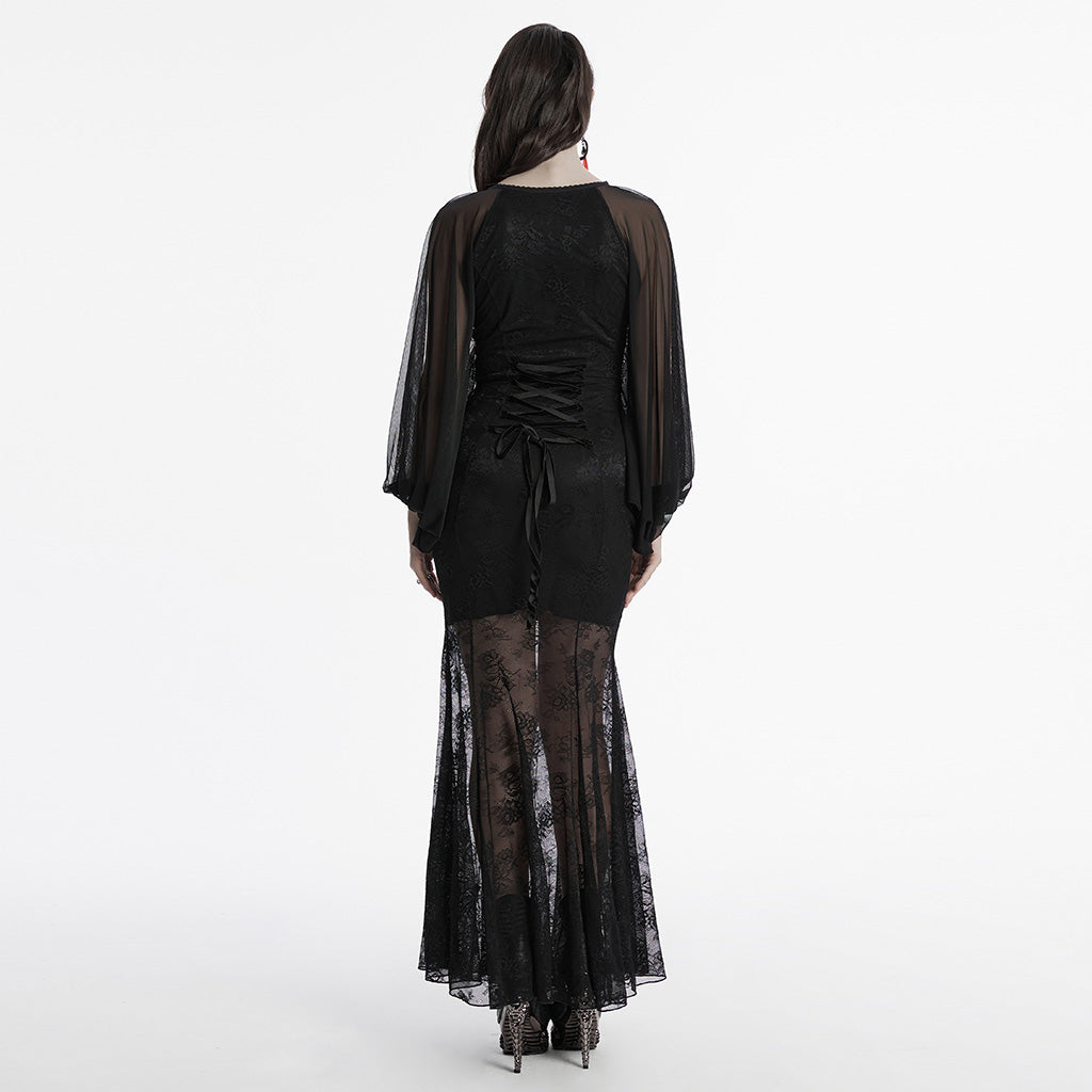 OQ-808LQF Gothic Dress Sheer Sleeve Lace Long Black Maxi Gown