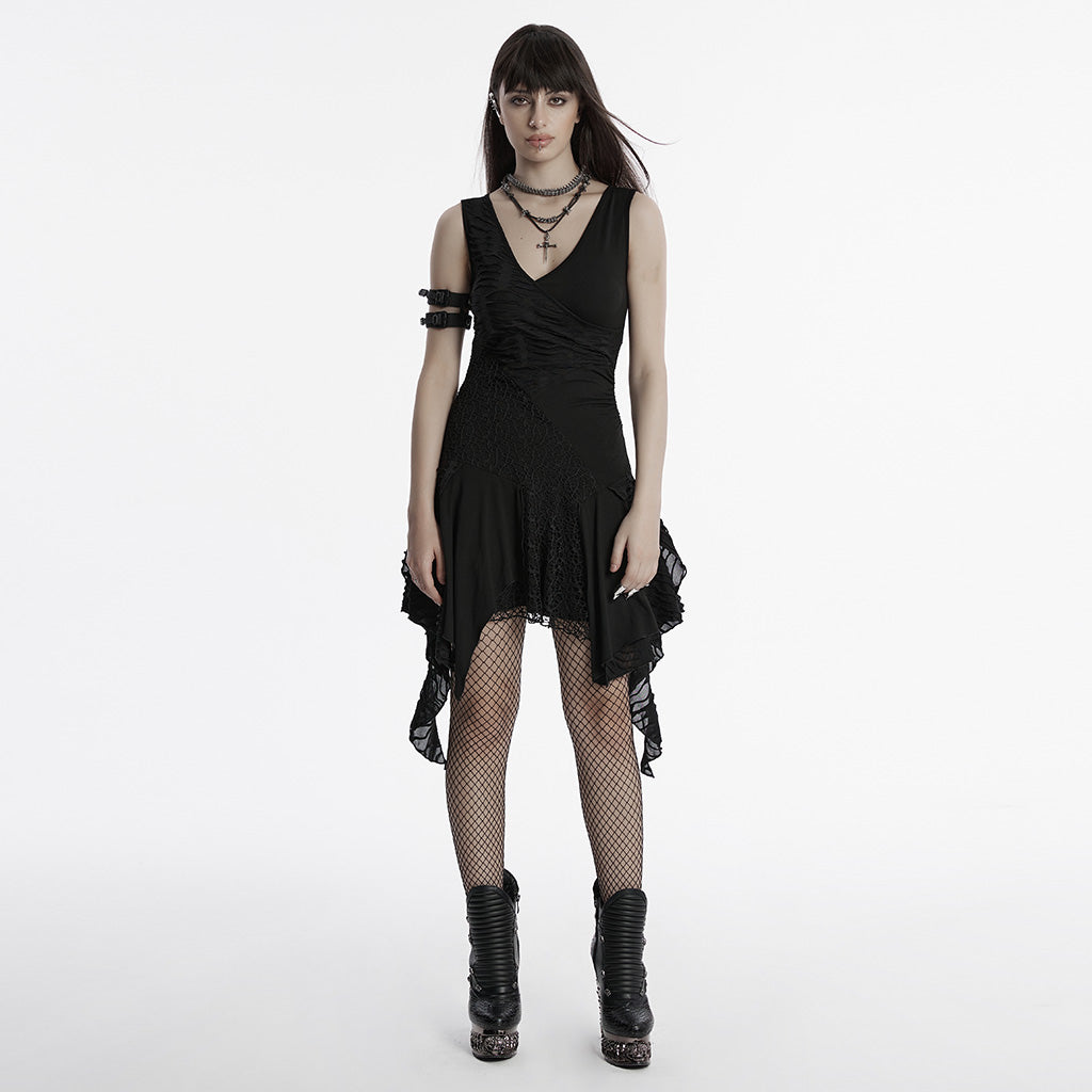 OQ-809LQF Gothic Dress Asymmetrical Layered Black Lace Hem Detailing