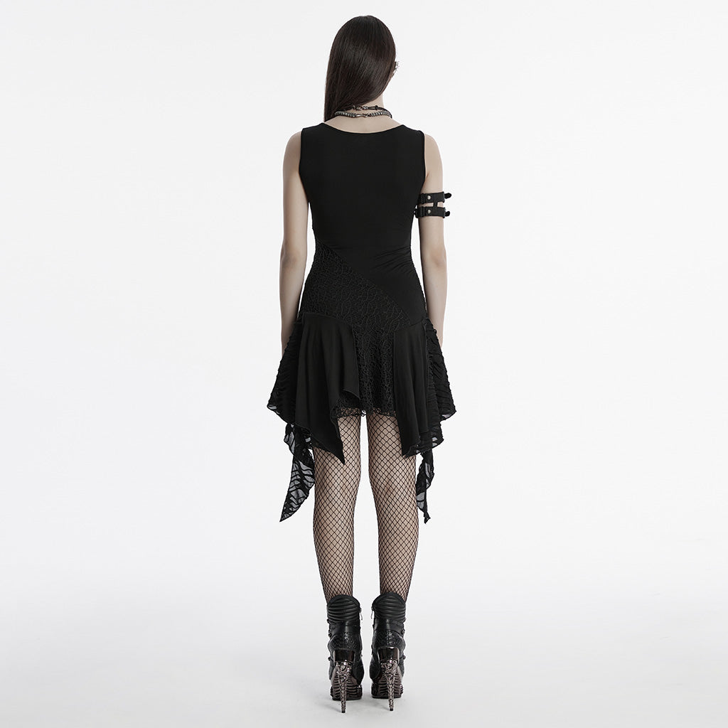 OQ-809LQF Gothic Dress Asymmetrical Layered Black Lace Hem Detailing