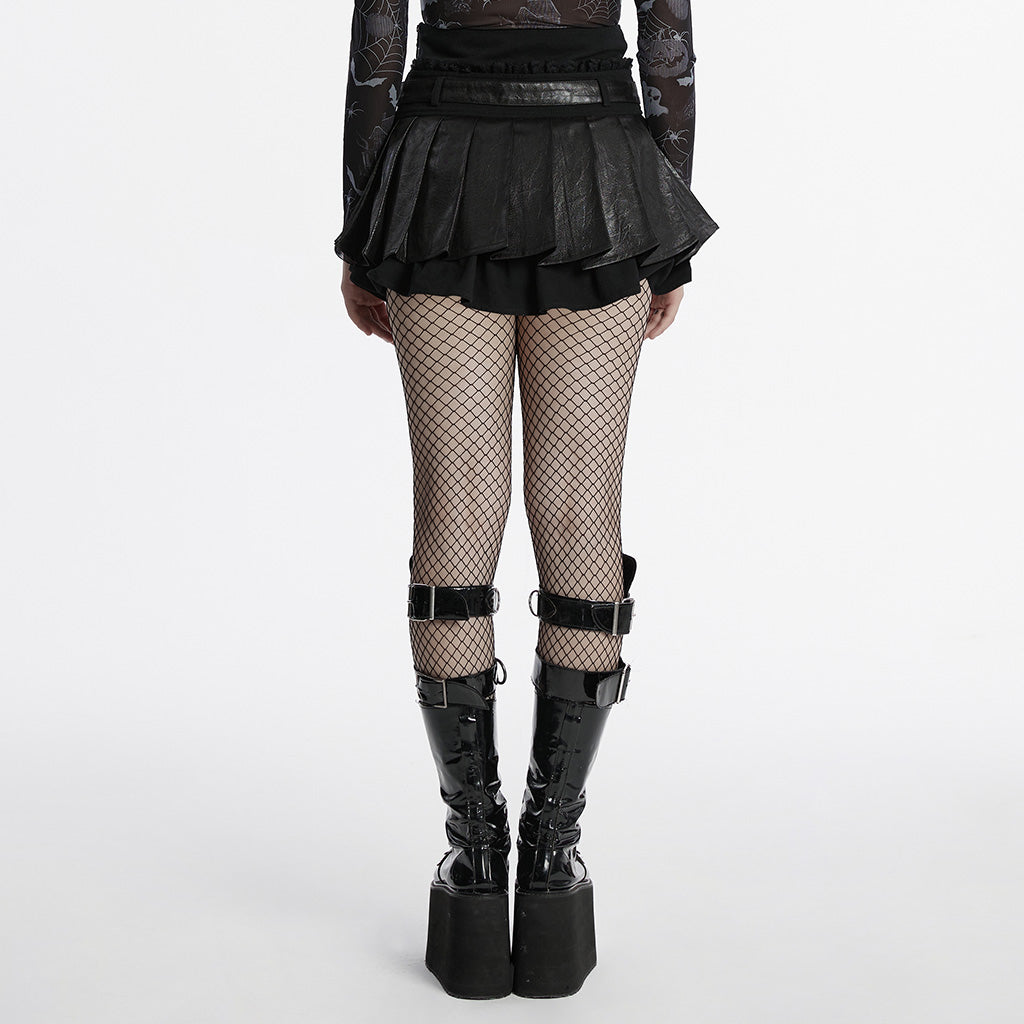 OQ-810BQF Gothic Pleated Punk Skirt with Faux Leather Belted Waist