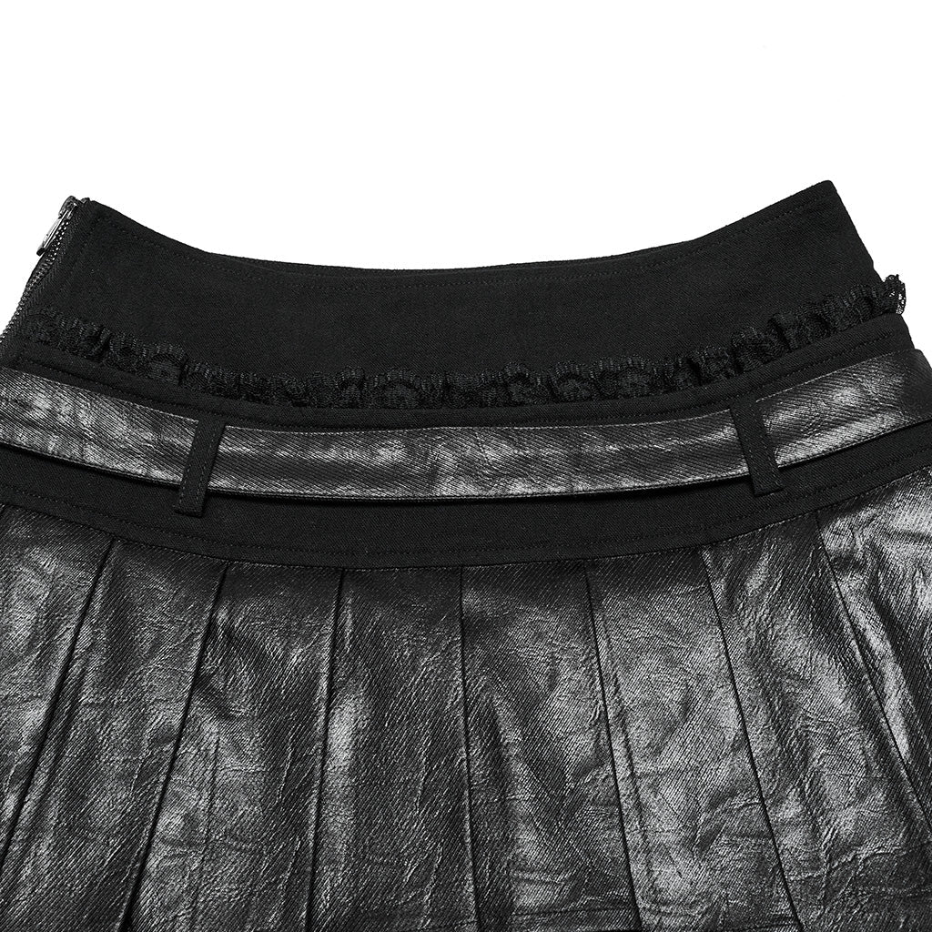 OQ-810BQF Gothic Pleated Punk Skirt with Faux Leather Belted Waist