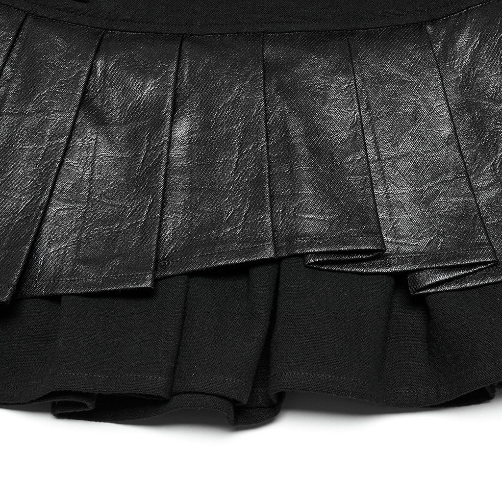 OQ-810BQF Gothic Pleated Punk Skirt with Faux Leather Belted Waist