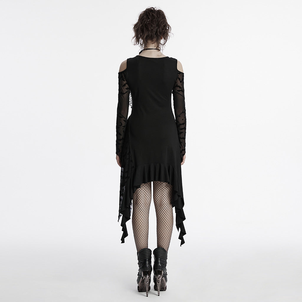 OQ-812LQF Gothic Dress Asymmetrical Lace Cold Shoulder Ruffle Hem Design