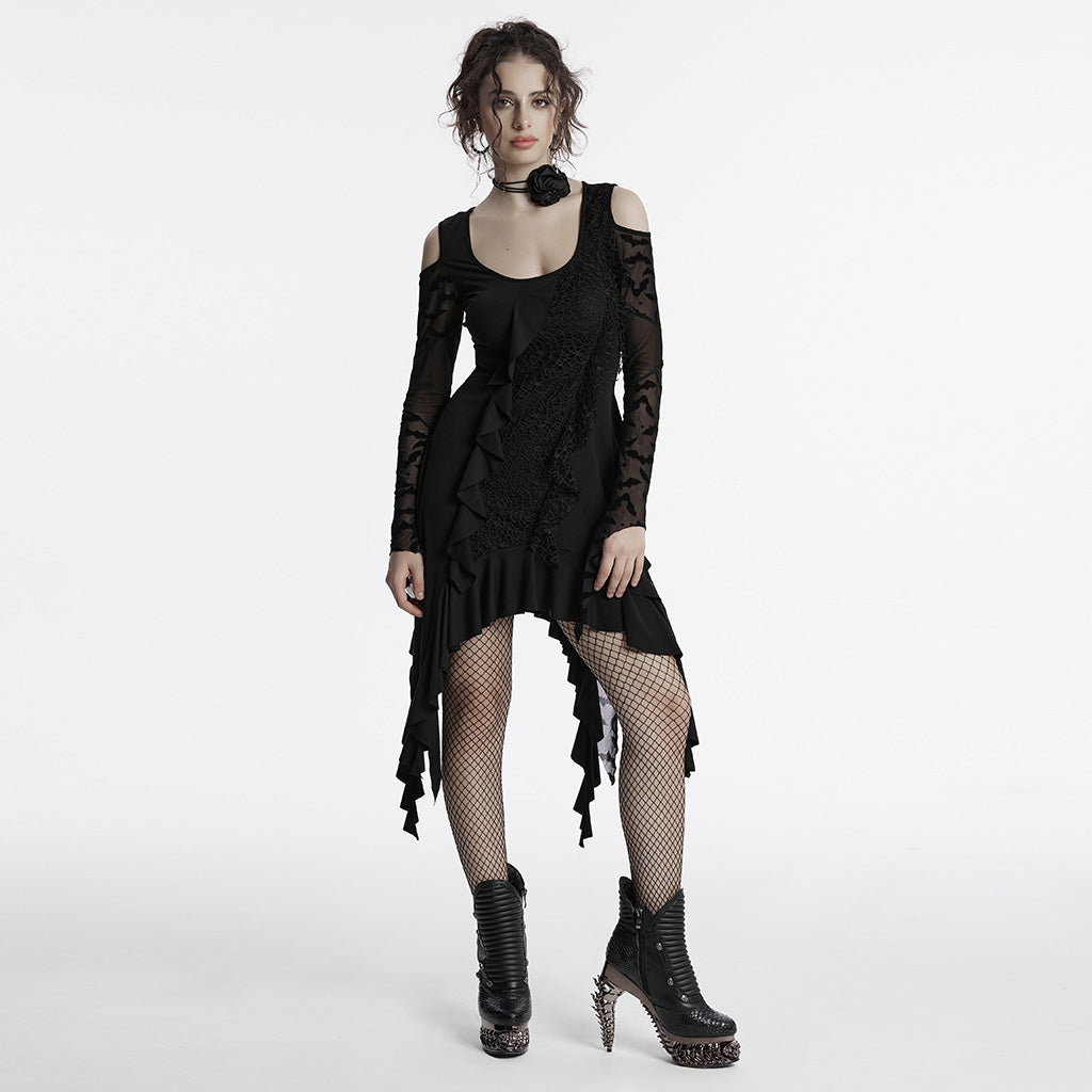OQ-812LQF Gothic Dress Asymmetrical Lace Cold Shoulder Ruffle Hem Design