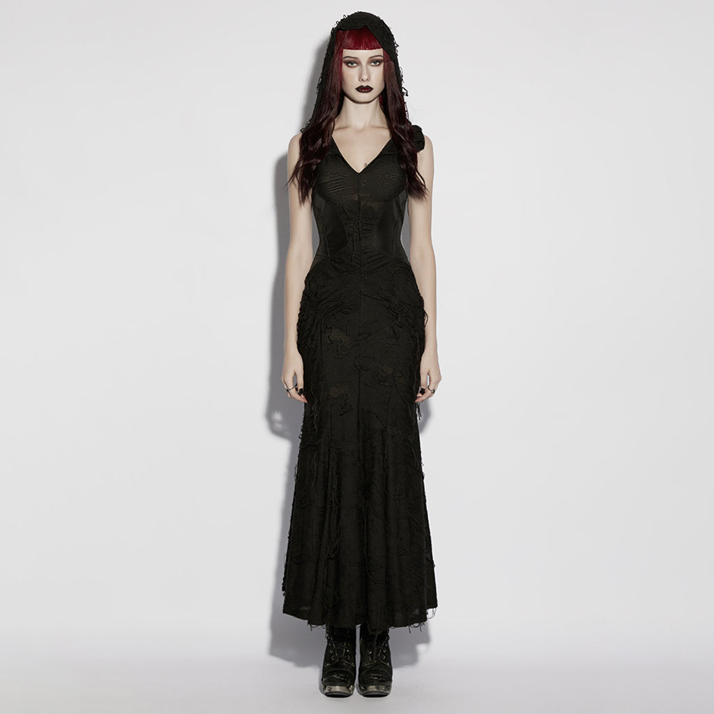 OQ-816LQF Gothic Dress Elegant Lace Embellished Hooded Maxi Gown