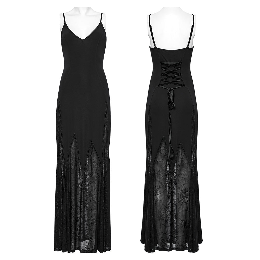 OQ-826LQF Gothic Dress Black Lace Sheer Panel Evening Gown