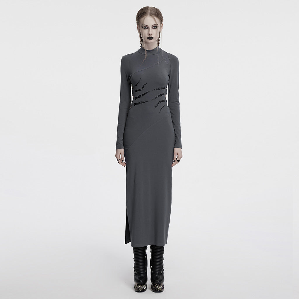 OQ-828LQF Long Sleeve Gothic Punk Dress Skeleton Ribcage Detail Midi