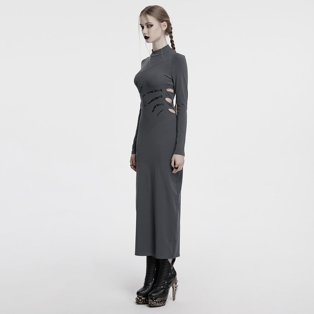OQ-828LQF Long Sleeve Gothic Punk Dress Skeleton Ribcage Detail Midi