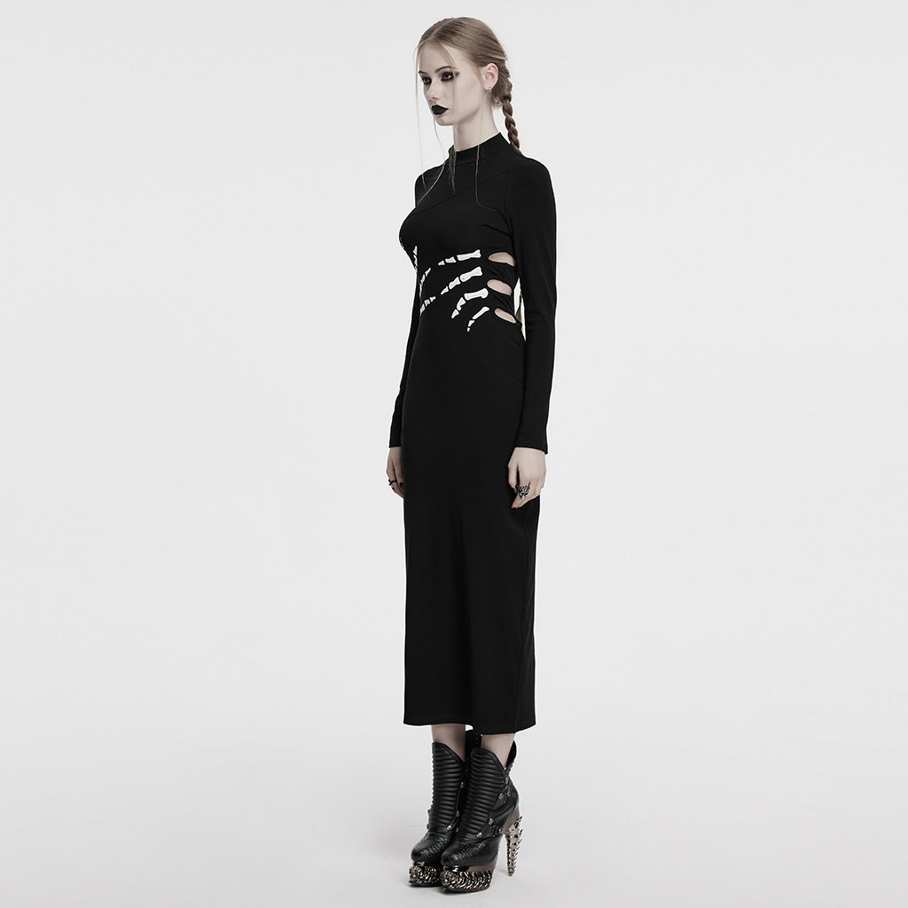 OQ-828LQF Long Sleeve Gothic Punk Dress Skeleton Ribcage Detail Midi