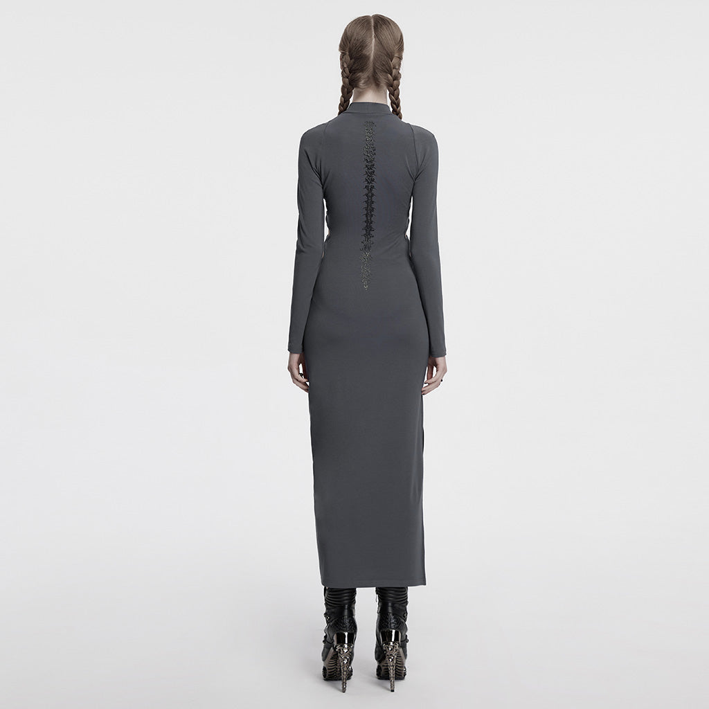 OQ-828LQF Long Sleeve Gothic Punk Dress Skeleton Ribcage Detail Midi