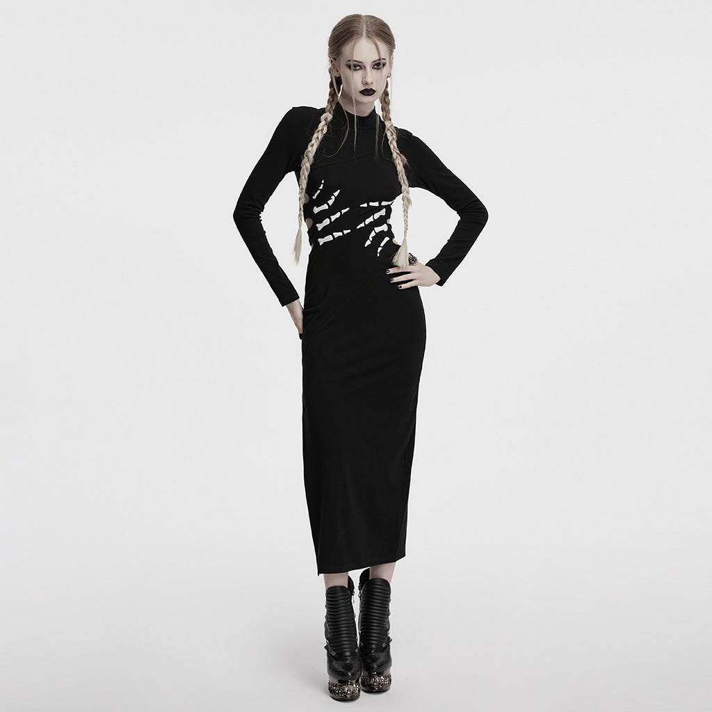 OQ-828LQF Long Sleeve Gothic Punk Dress Skeleton Ribcage Detail Midi