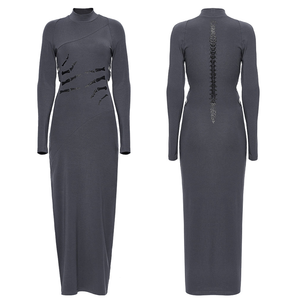 OQ-828LQF Long Sleeve Gothic Punk Dress Skeleton Ribcage Detail Midi