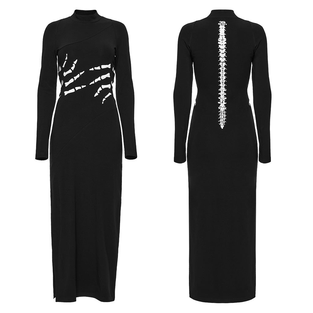OQ-828LQF Long Sleeve Gothic Punk Dress Skeleton Ribcage Detail Midi