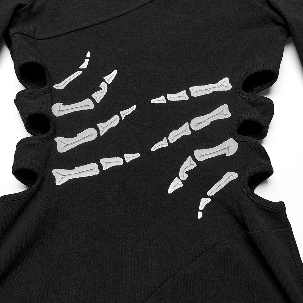 OQ-828LQF Long Sleeve Gothic Punk Dress Skeleton Ribcage Detail Midi