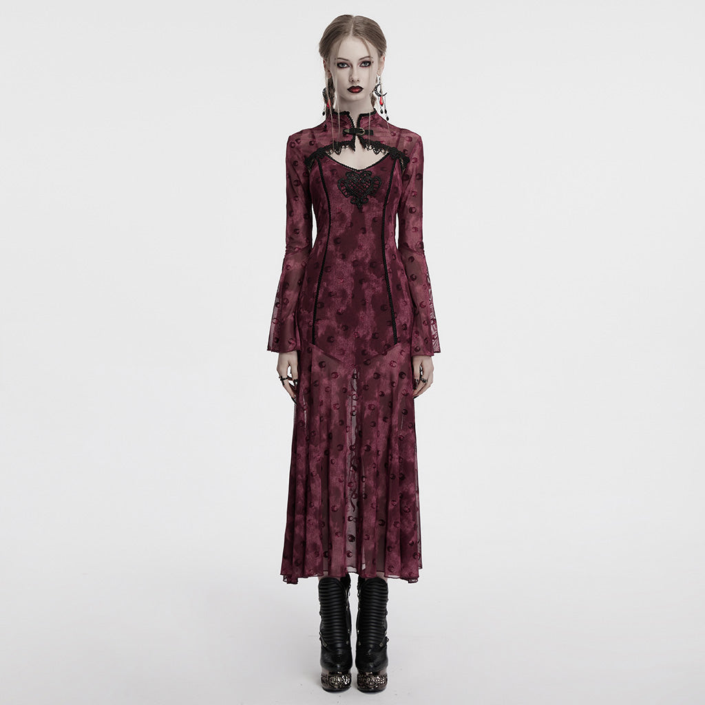 OQ-834LQF Gothic Dress Victorian Burgundy Lace Long Sleeve Maxi Dress