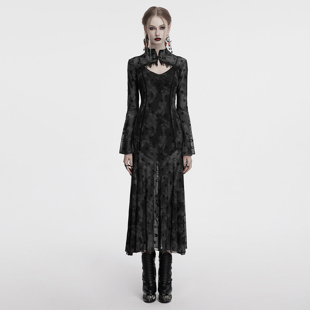 OQ-834LQF Gothic Dress Victorian Burgundy Lace Long Sleeve Maxi Dress