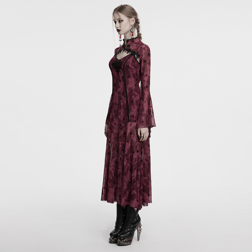 OQ-834LQF Gothic Dress Victorian Burgundy Lace Long Sleeve Maxi Dress