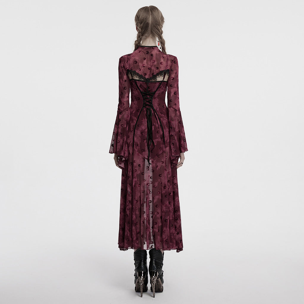 OQ-834LQF Gothic Dress Victorian Burgundy Lace Long Sleeve Maxi Dress