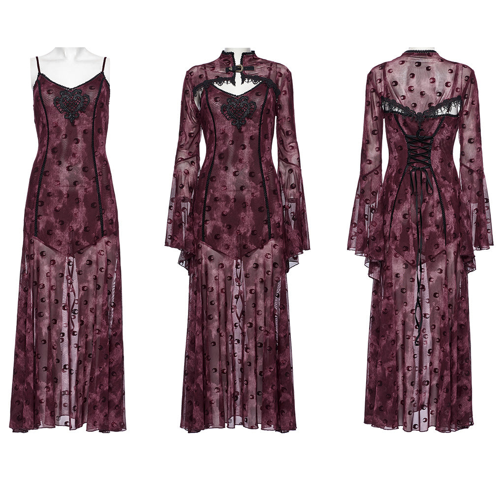 OQ-834LQF Gothic Dress Victorian Burgundy Lace Long Sleeve Maxi Dress
