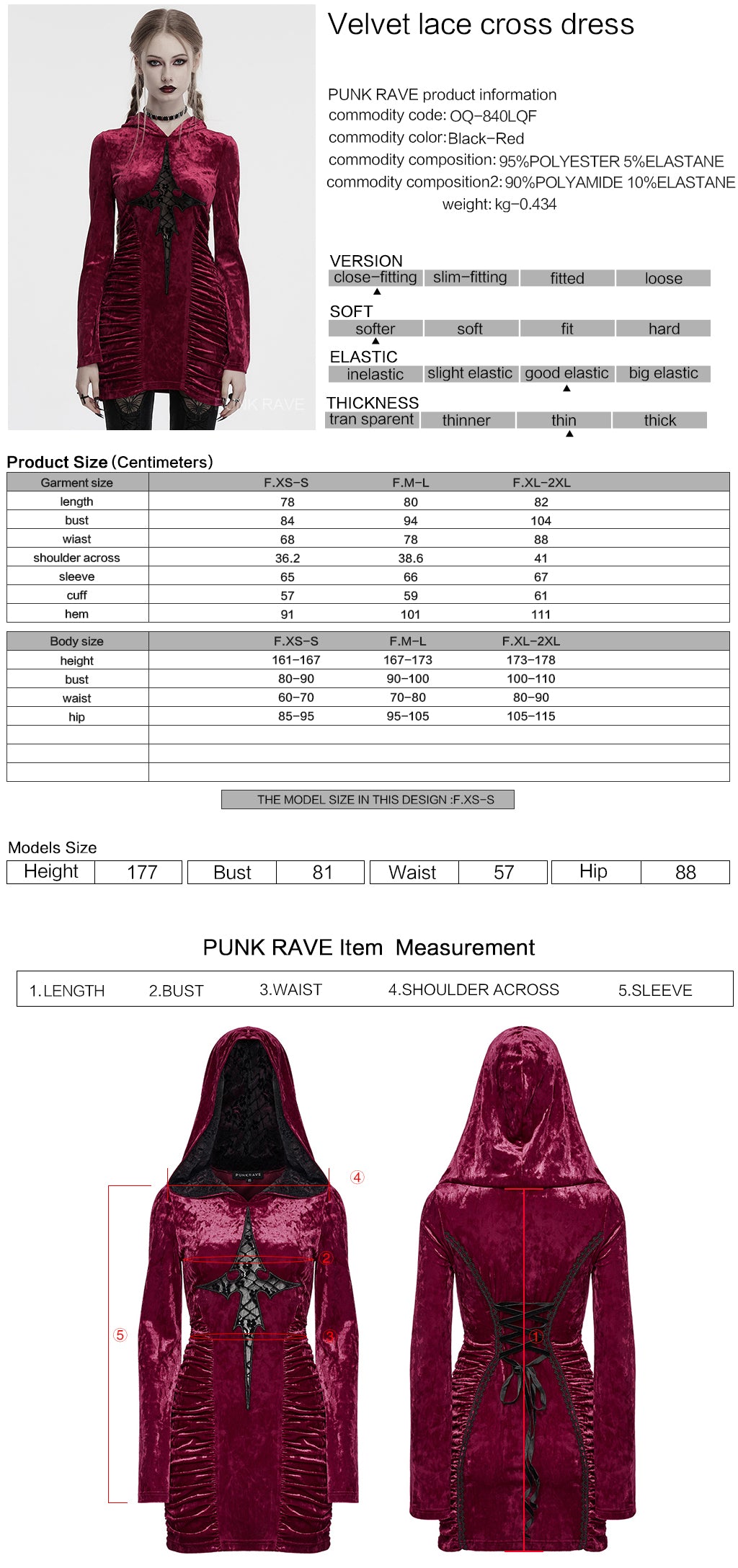 OQ-840LQF Gothic Dress Velvet Crimson Cross Lace Detail Long Sleeve