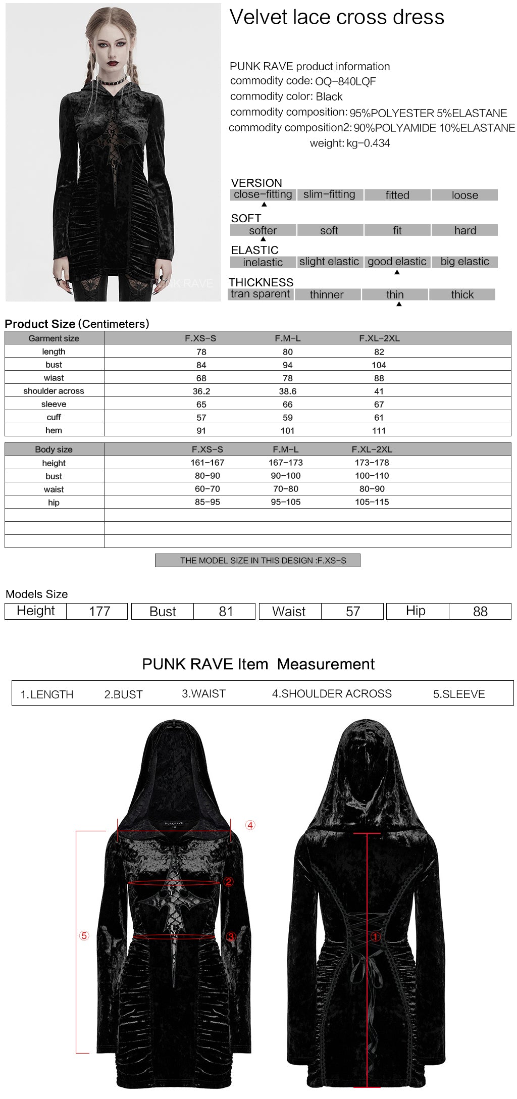 OQ-840LQF Gothic Dress Velvet Crimson Cross Lace Detail Long Sleeve
