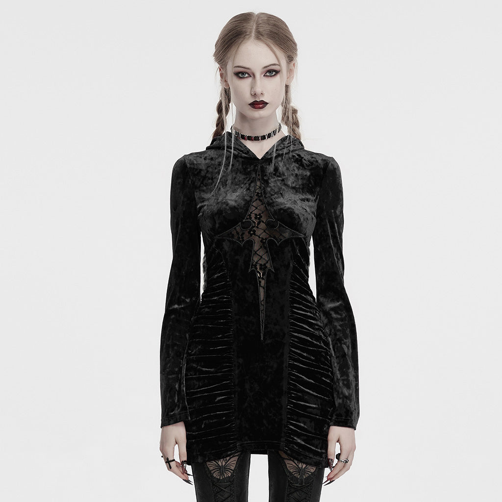 OQ-840LQF Gothic Dress Velvet Crimson Cross Lace Detail Long Sleeve
