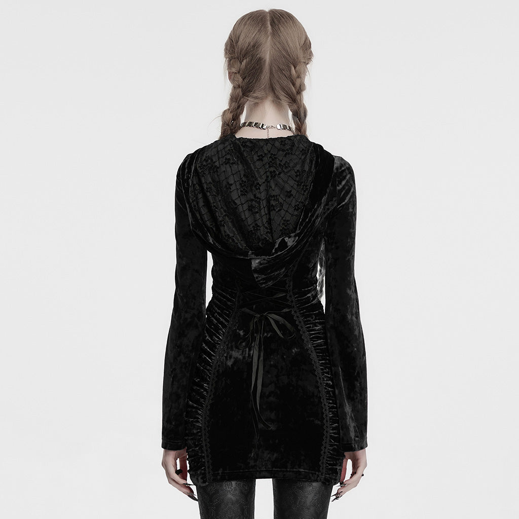 OQ-840LQF Gothic Dress Velvet Crimson Cross Lace Detail Long Sleeve