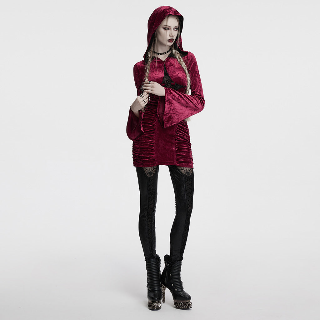 OQ-840LQF Gothic Dress Velvet Crimson Cross Lace Detail Long Sleeve