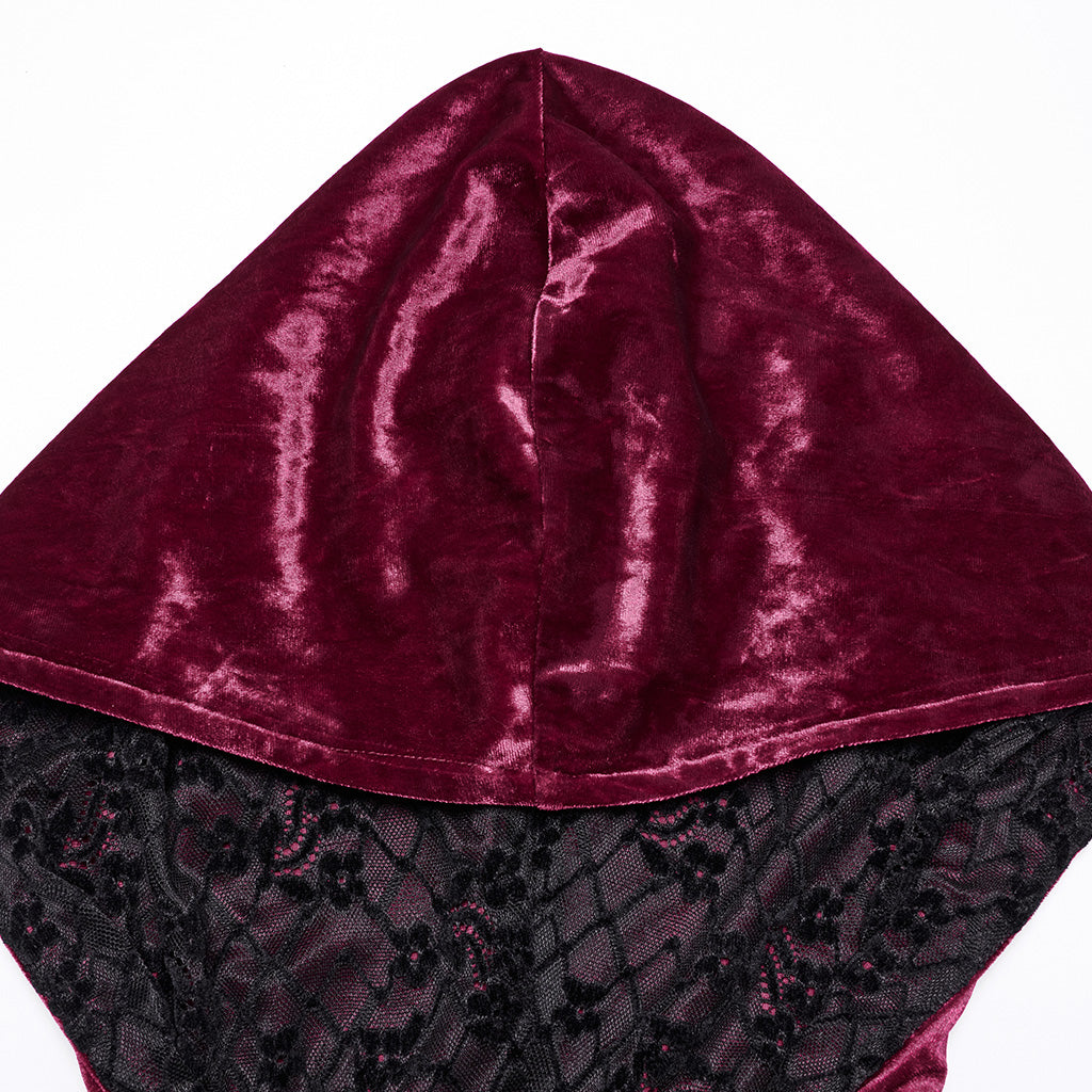 OQ-840LQF Gothic Dress Velvet Crimson Cross Lace Detail Long Sleeve