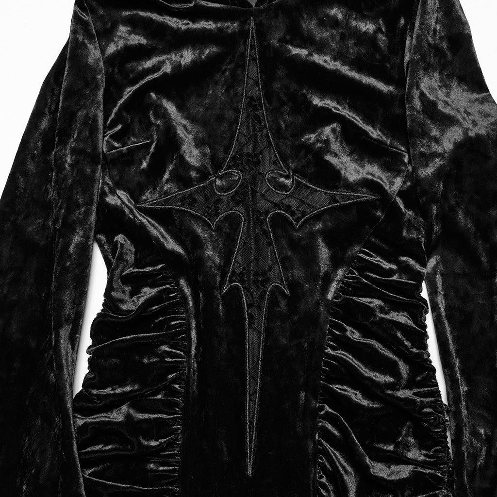 OQ-840LQF Gothic Dress Velvet Crimson Cross Lace Detail Long Sleeve