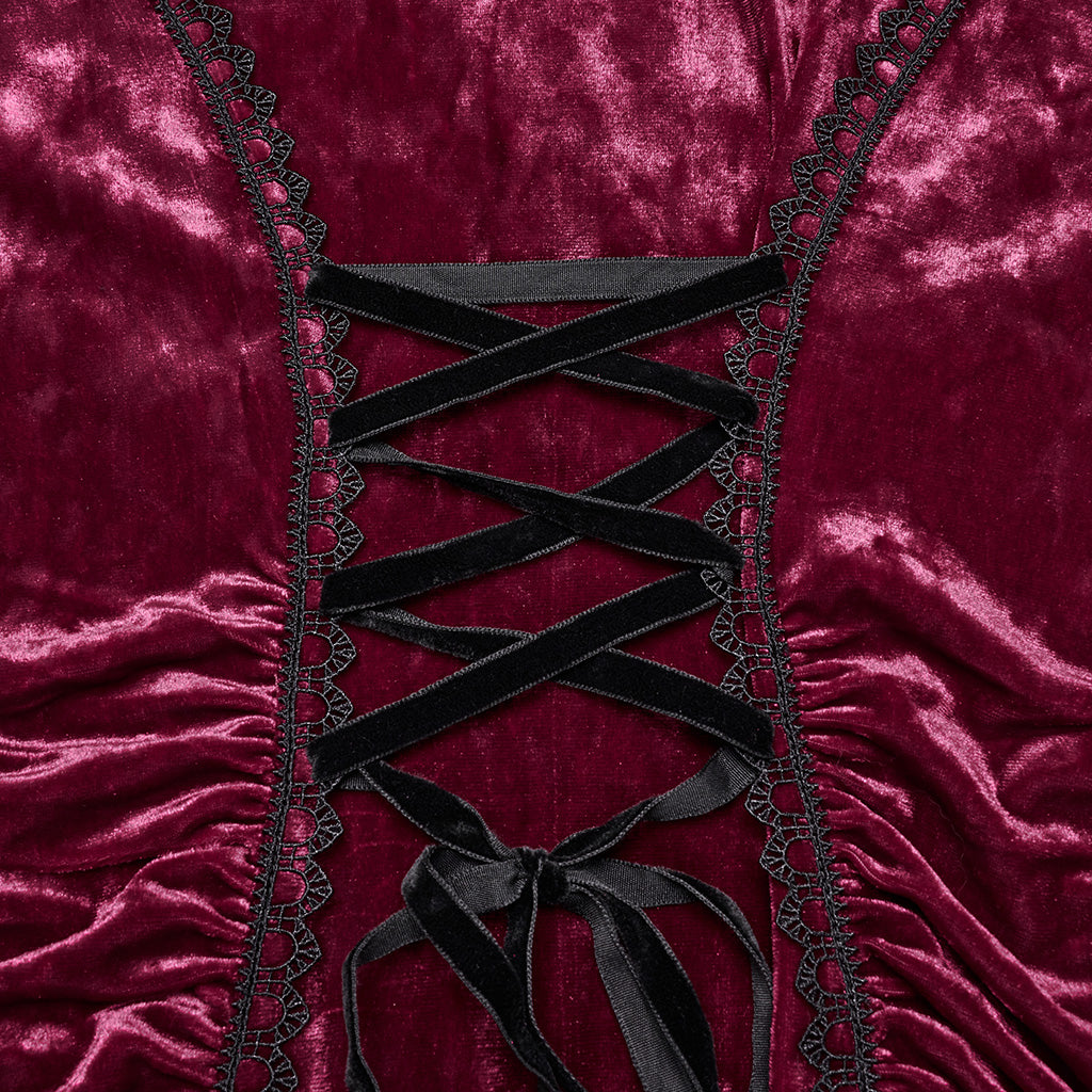 OQ-840LQF Gothic Dress Velvet Crimson Cross Lace Detail Long Sleeve