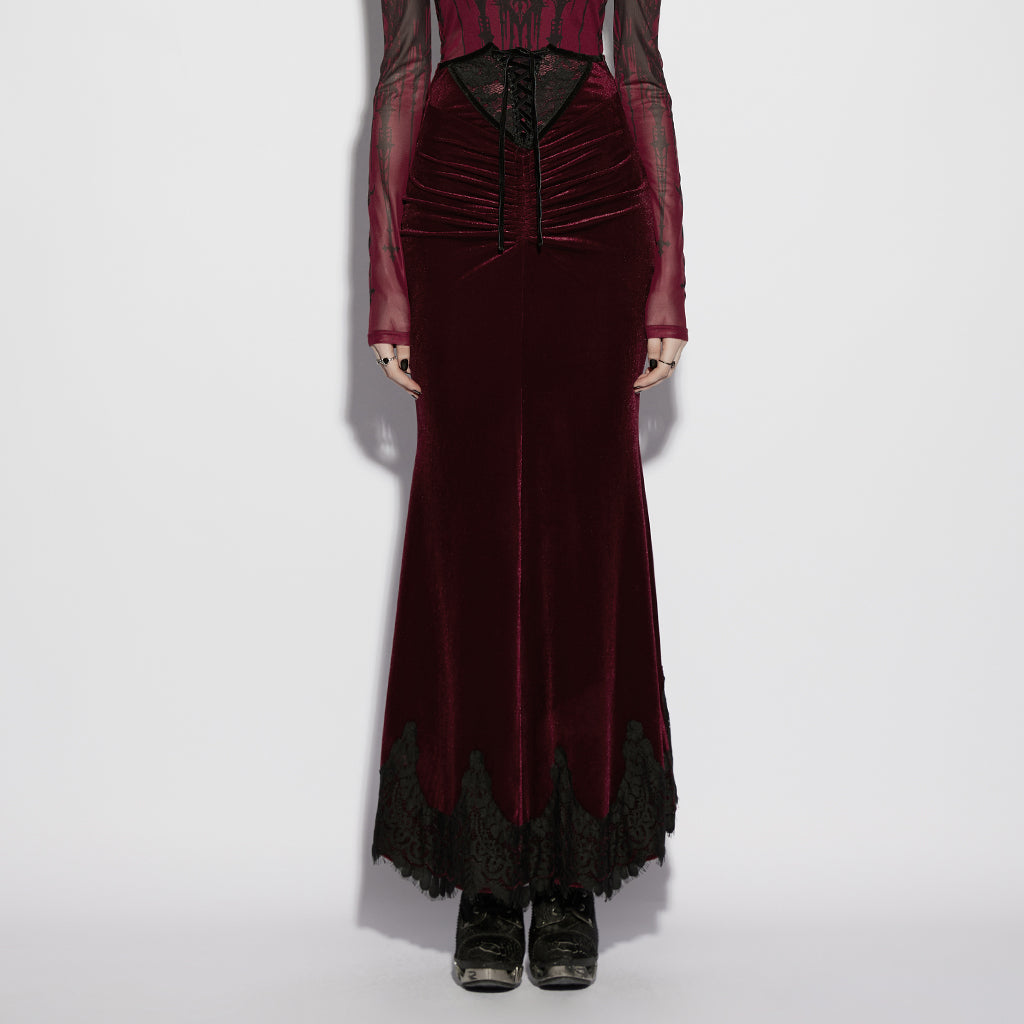 OQ-844BQF Velvet Gothic Dress Lace Trimmed Long Sleeve Corset Design