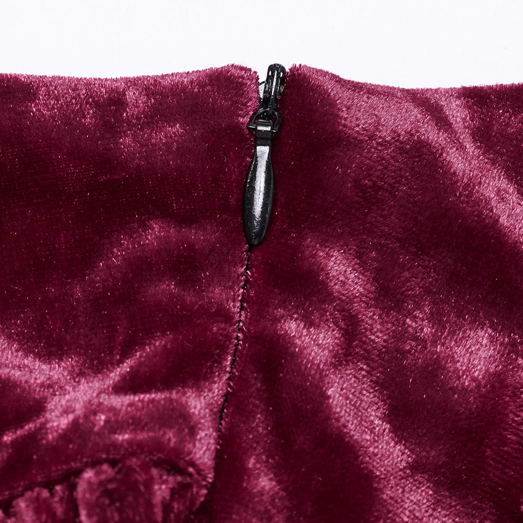 OQ-851BQF Vintage Velvet Lace-Up Gothic Skirt Plunging Maroon Design
