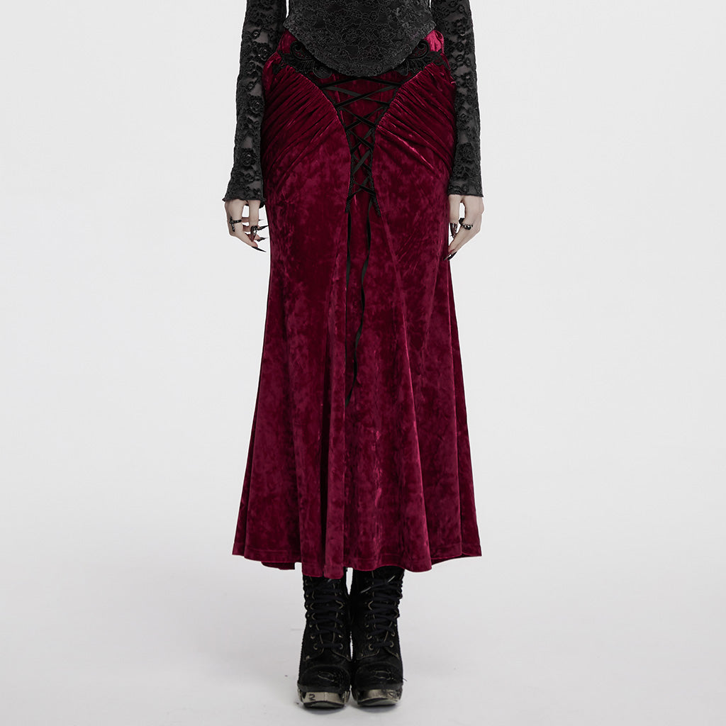 OQ-851BQF Vintage Velvet Lace-Up Gothic Skirt Plunging Maroon Design